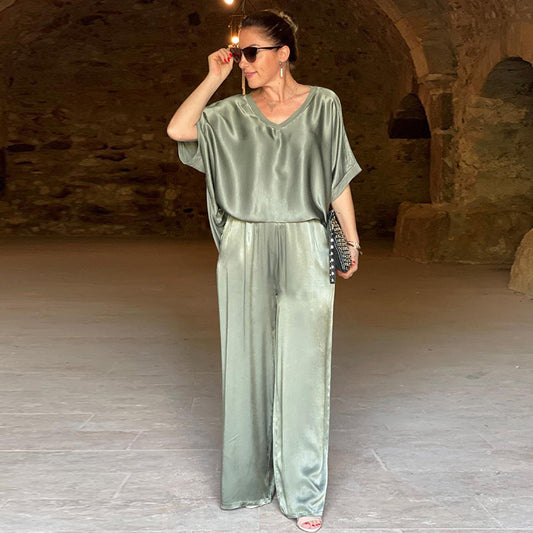 Completo Donna Autunnale con Top Casual a Scollo a V e Pantaloni a Gamba Larga – Vestibilità Ampia