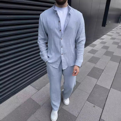 Men's Two-Piece Suit with Long-Sleeve Shirt and Cropped Pants – Coordinated Casual Set