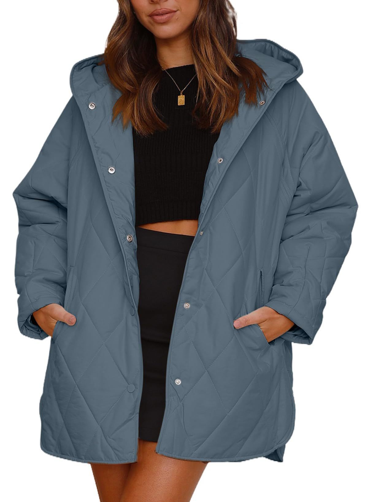Women's Quilted Diamond Jacket with Hood and Front Pockets