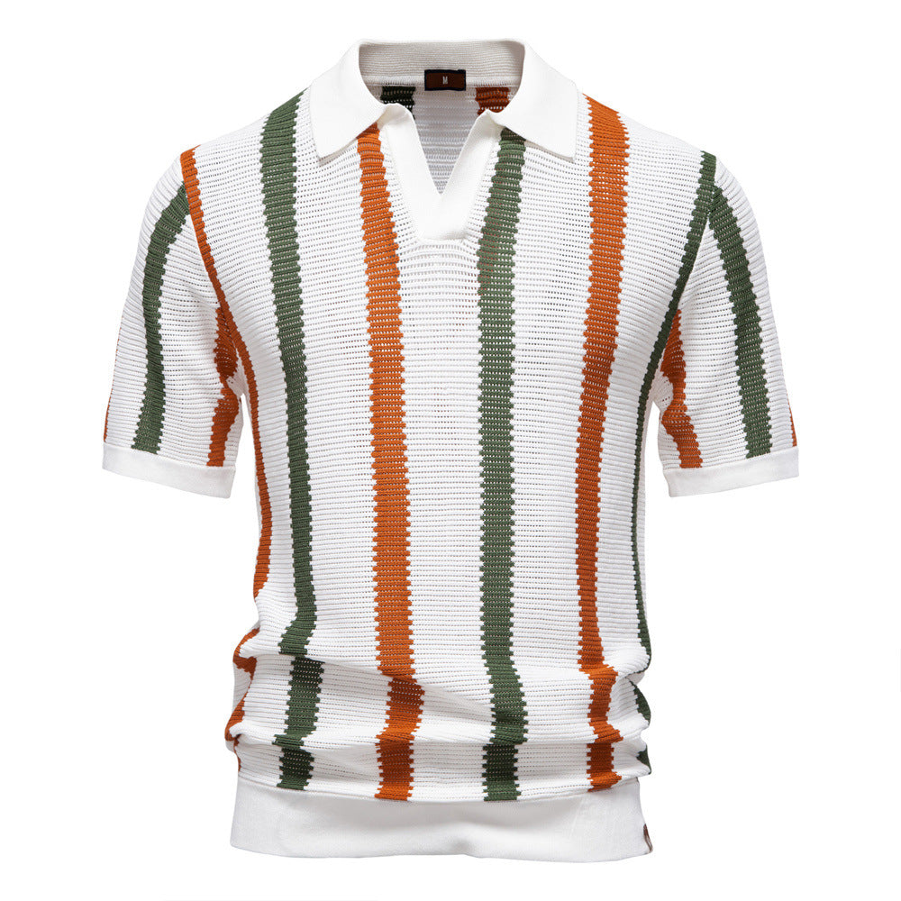 Polo Uomo Estiva a Maniche Corte con Motivo Traforato a Righe – Stile Elegante Casual
