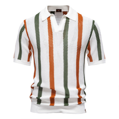 Polo Uomo Estiva a Maniche Corte con Motivo Traforato a Righe – Stile Elegante Casual
