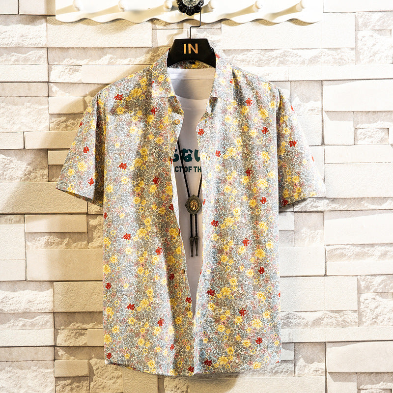 Camicia Estiva Uomo a Maniche Corte con Stampa Floreale e Colletto a Revers – Stile Casual Slim Fit