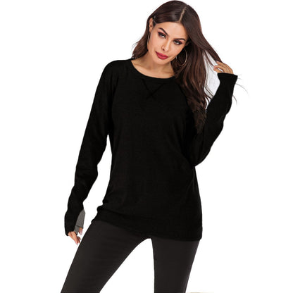Jersey de mujer de manga larga con cuello redondo, ajuste holgado y color liso