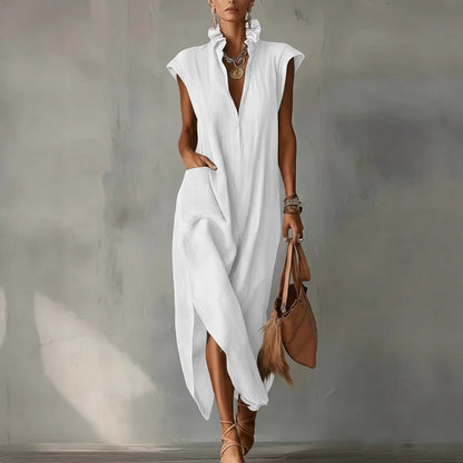 Women's Sleeveless Shirt Dress in Cotton and Linen – Loose Fit, Solid Color, Mid Length