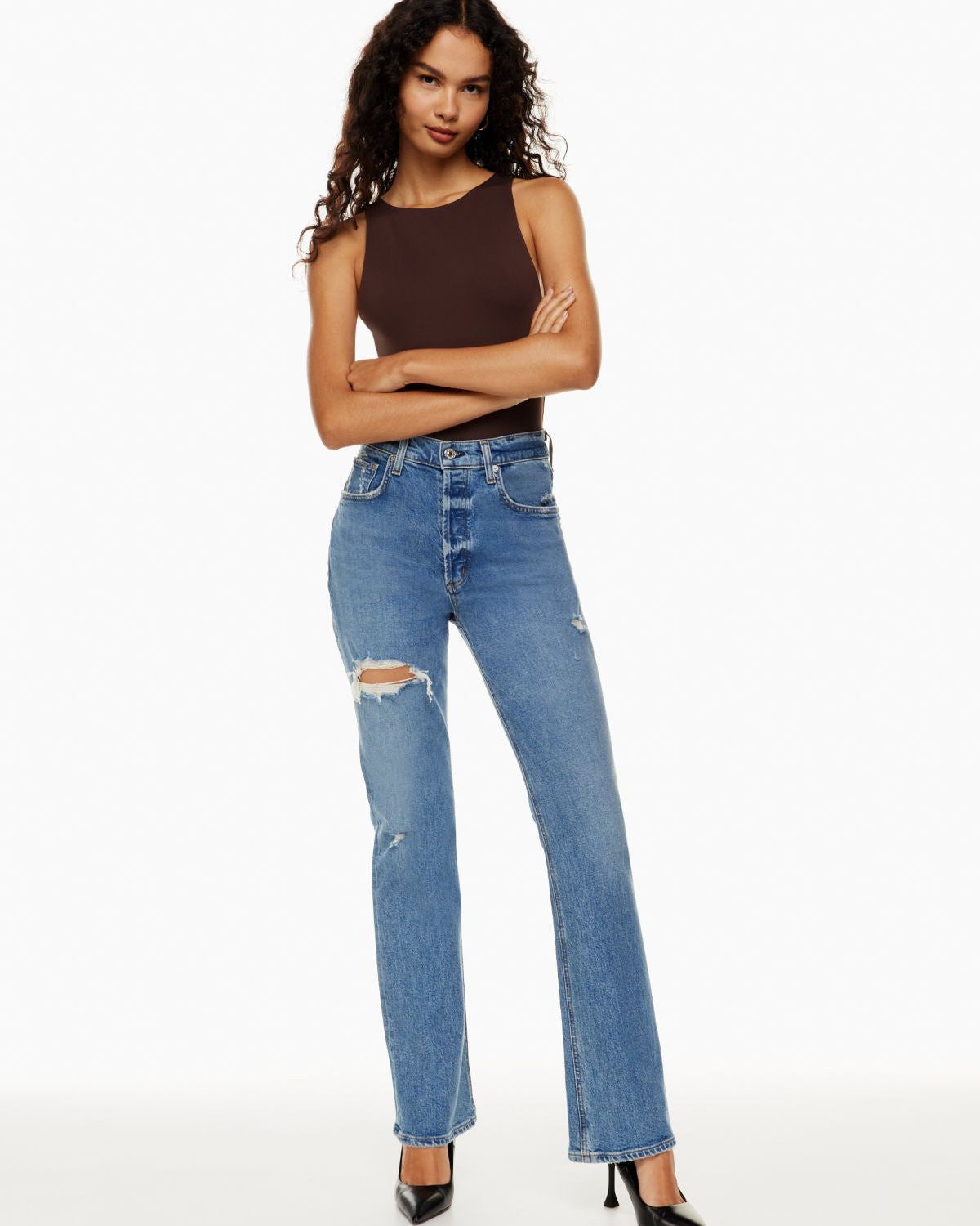 Women's High-Waisted Straight-Leg Denim Jeans with Rips
