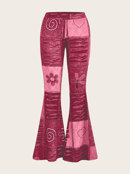 Pantalones de mujer bootcut estampados con motivo abstracto y cintura media
