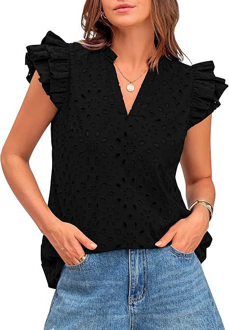 Damebluse med V-hals, Sangallo-broderi og flæseærmer – Elegant til hverdag