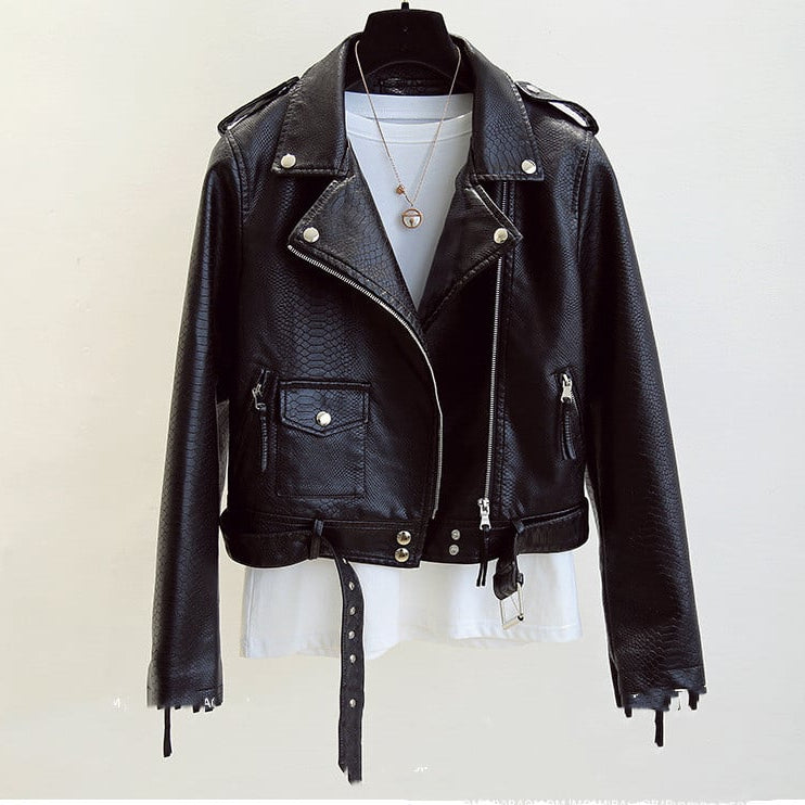 Women's Slim Fit Biker Jacket with Snake Print, Notched Collar, and Zip Closure