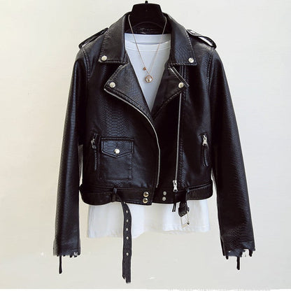 Women's Slim Fit Biker Jacket with Snake Print, Notched Collar, and Zip Closure