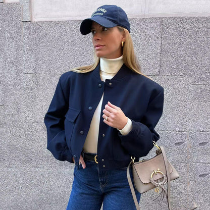 Chaqueta bomber de mujer para otoño con bolsillos delanteros y diseño liso