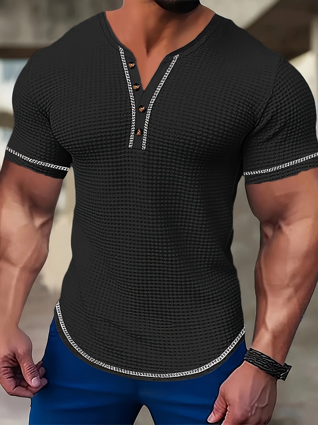 Men’s Short-Sleeve Henley Shirt with Contrast Trim