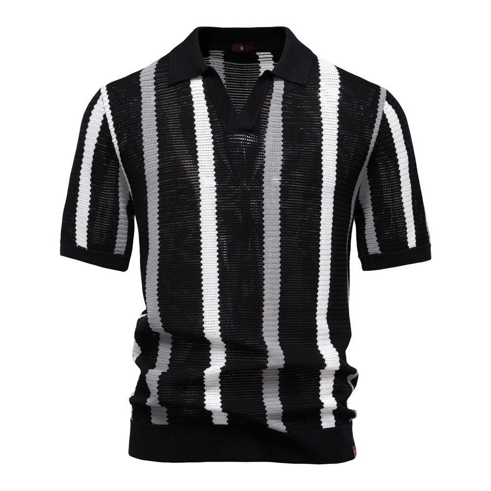 Polo Uomo Estiva a Maniche Corte con Motivo Traforato a Righe – Stile Elegante Casual