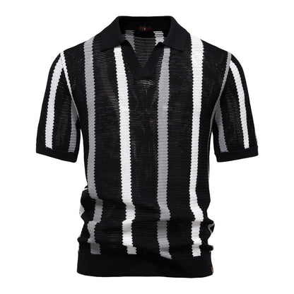 Polo Uomo Estiva a Maniche Corte con Motivo Traforato a Righe – Stile Elegante Casual