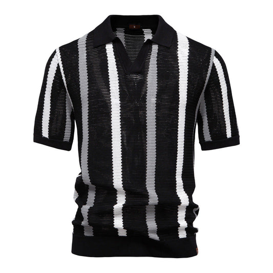 Herre sommer polo med korte ærmer og gennembrudt stribet mønster – elegant afslappet stil