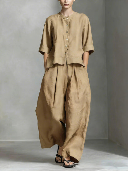Two-Piece Women's Set in Cotton and Linen Shirt Style and Wide-Fit Long Pants