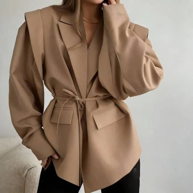 Chaqueta ligera de mujer para primavera con escote en V, cierre de lazada y mangas largas