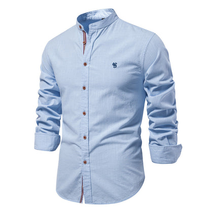 Camisa de verano para hombre de mezcla de algodón y lino, con cuello mao y mangas largas.