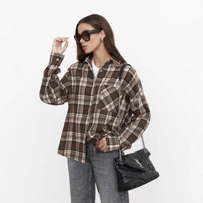 Women's Long Sleeve Shirt with Checkered Pattern and Turn-Down Collar