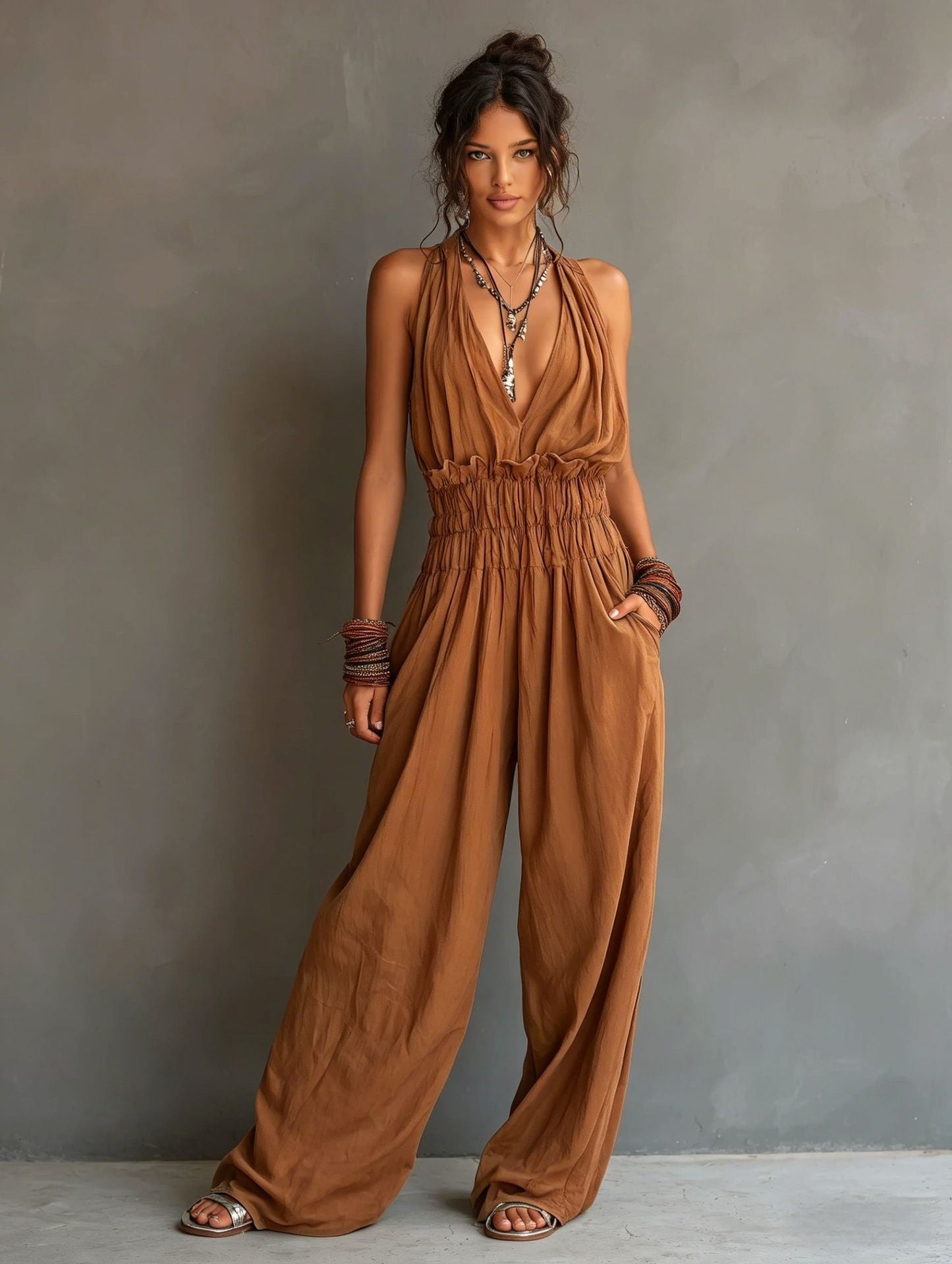 Women’s V-Neck Jumpsuit with Halter Neck and Wide-Leg Pants
