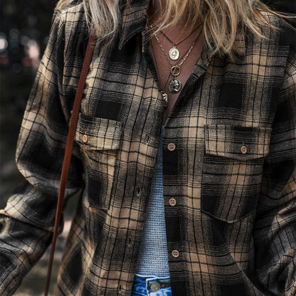 Camicia Donna a Quadri Manica Lunga con Doppie Tasche e Vestibilità Ampia