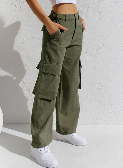 Low Waist Women's Denim Pants with Multiple Pockets and Loose Fit Workwear Style