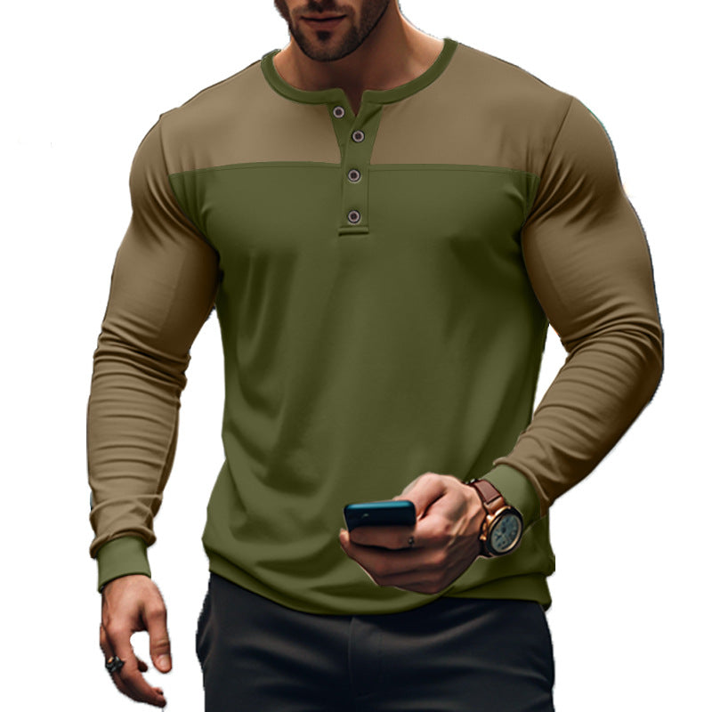Men's Long Sleeve Henley Shirt with Color Block Design