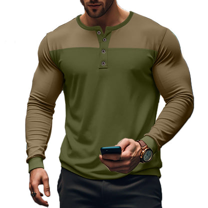 Men's Long Sleeve Henley Shirt with Color Block Design