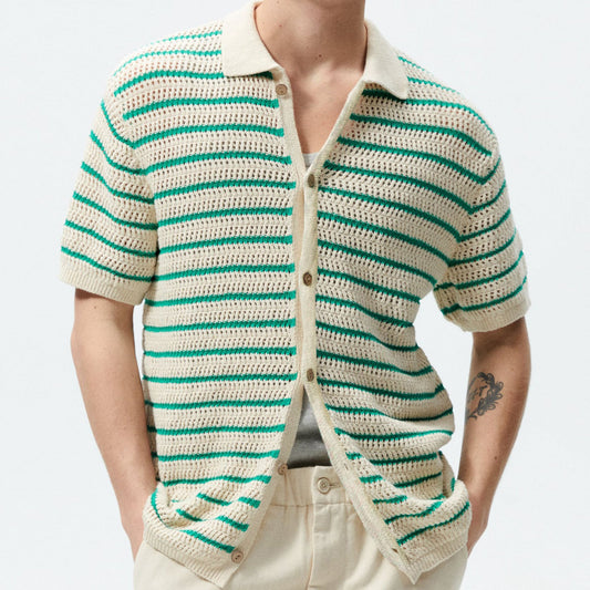 Men’s Striped Polo Cardigan with Short Sleeves and Buttons