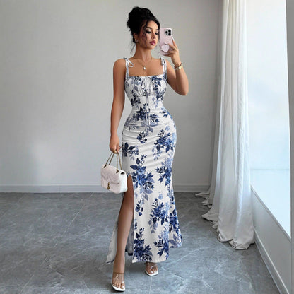 Abito Maxi Donna con Stampa Floreale, Maniche Lunghe e Vita Alta – Abito Elegante