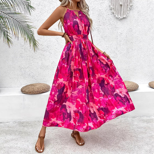 Women's Sleeveless Midi Dress with Floral Print and Pleated Waist – Elegant A-Line Dress