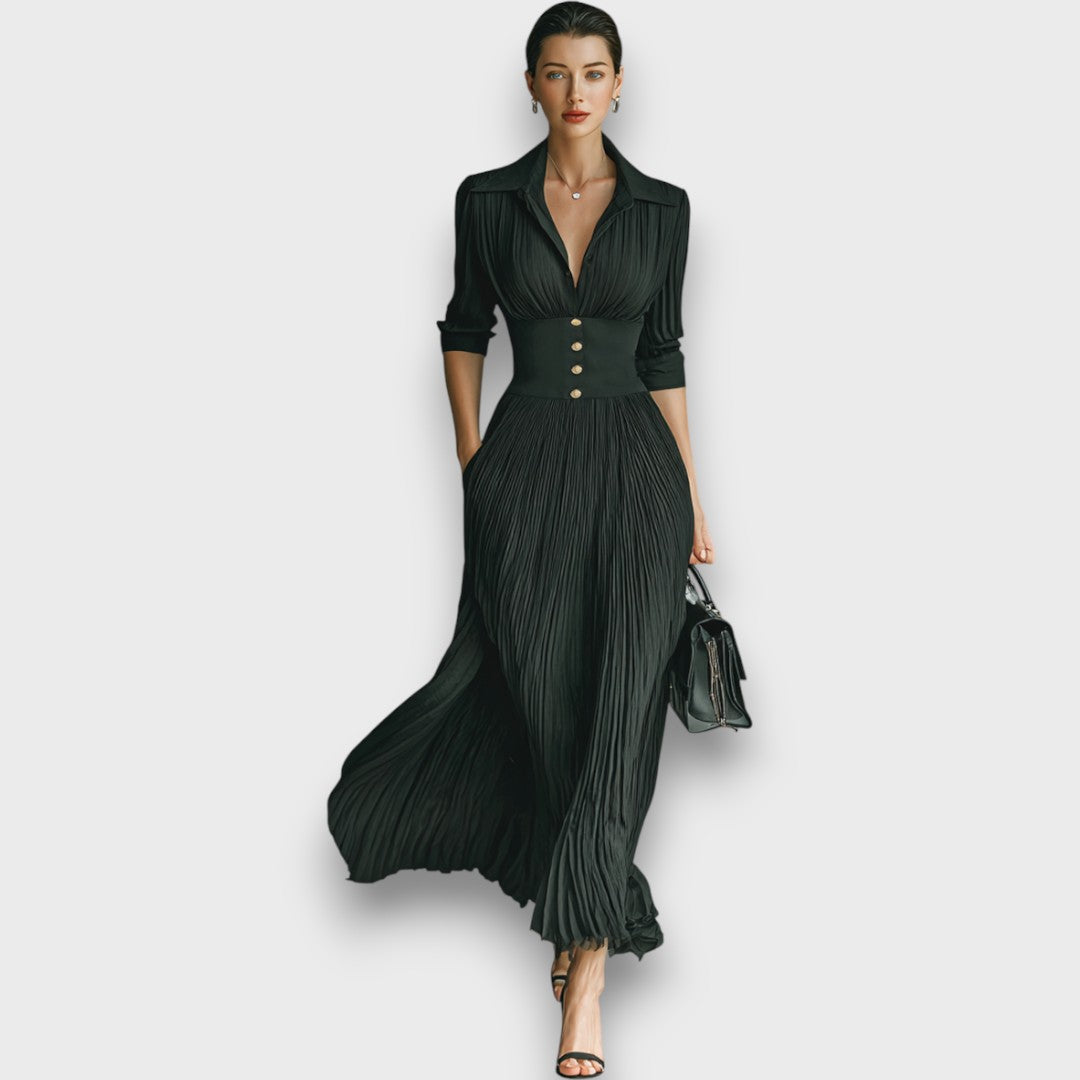 Women's Maxi Dress with Long Sleeves, Notched Collar, and Pleated Skirt – Elegant Formal Dress