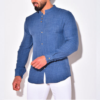 Camisa de verano para hombre de mezcla de algodón y lino, con cuello mao y corte regular.