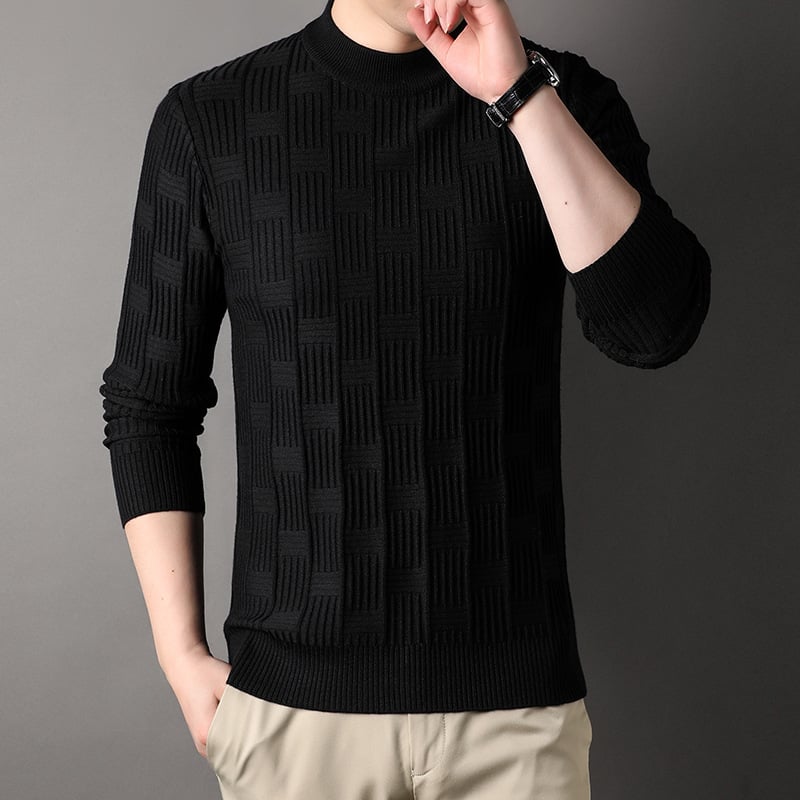 Men's Pullover Sweater with Crew Neck and Scottish Jacquard Pattern