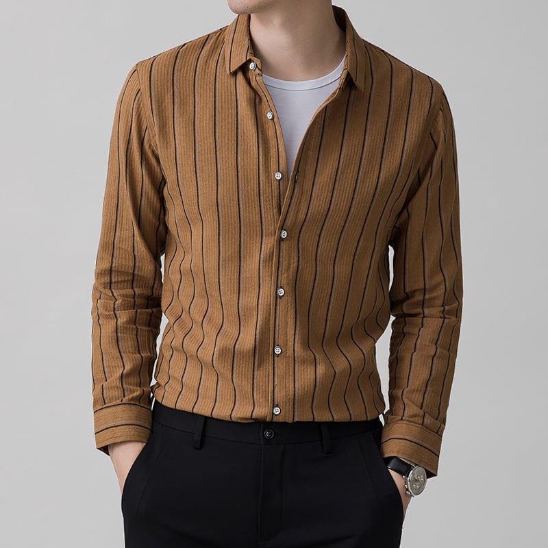 Men's Long Sleeve Shirt with Square Collar, Striped Pattern and Jacquard Detail