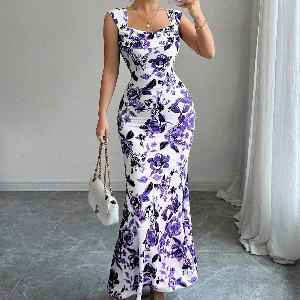 Abito Midi Donna con Scollo Quadrato, Nodo Frontale e Vita Alta – Abito Floreale Elegante