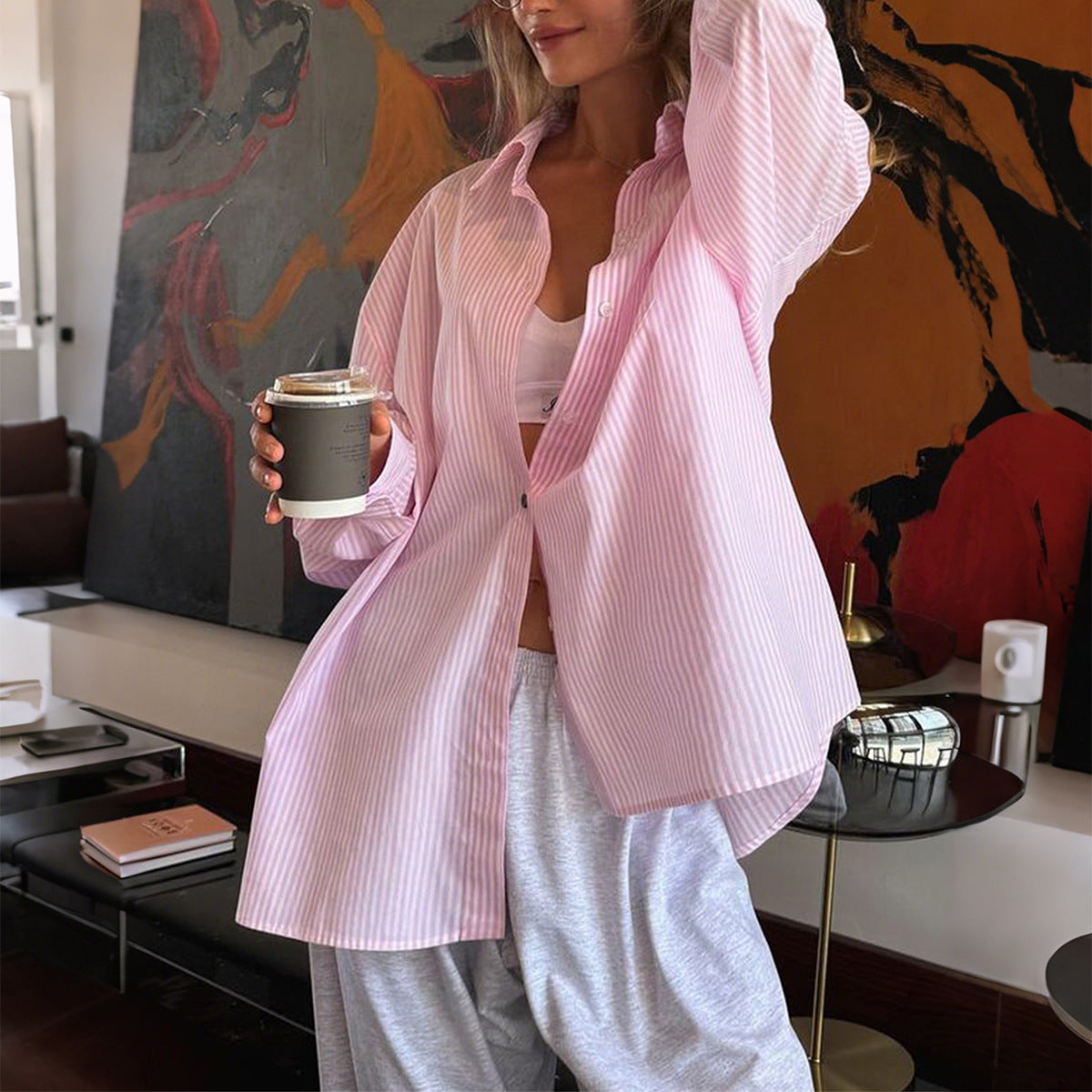 Camicia da Donna a Manica Lunga con Bottoni, Motivo a Righe e Vestibilità Ampia