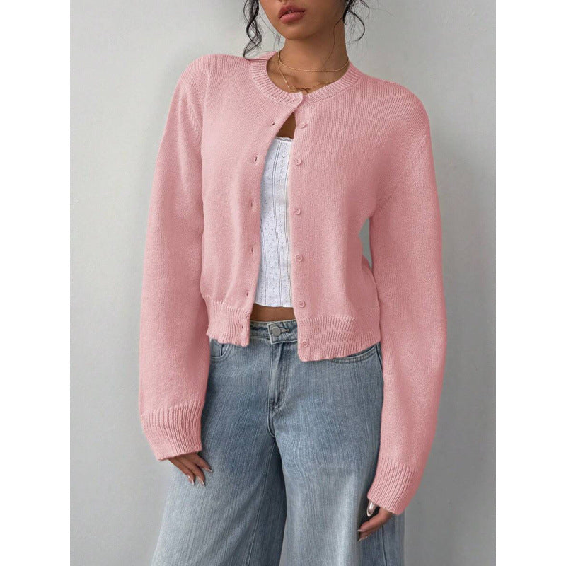 Cárdigan de punto ajustado para mujer con cuello redondo y mangas largas