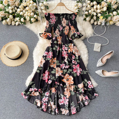 Abito Midi Donna con Spalle Scoperte, Maniche Corte e Volant – Stile Estivo