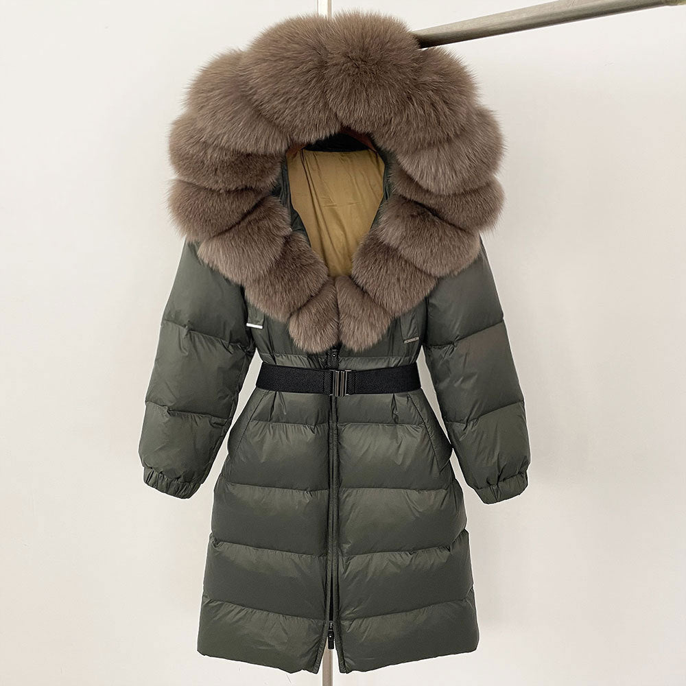 Women's Winter Coat with Long Hood and Removable Fur Collar