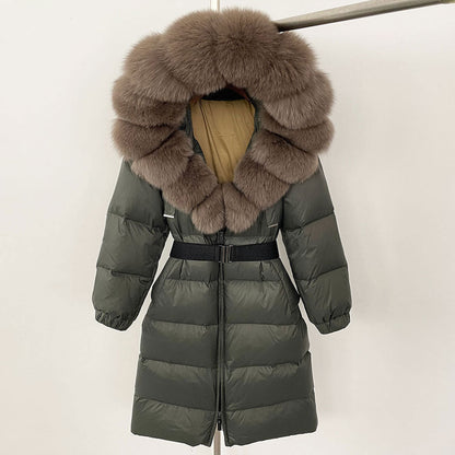 Women's Winter Coat with Long Hood and Removable Fur Collar