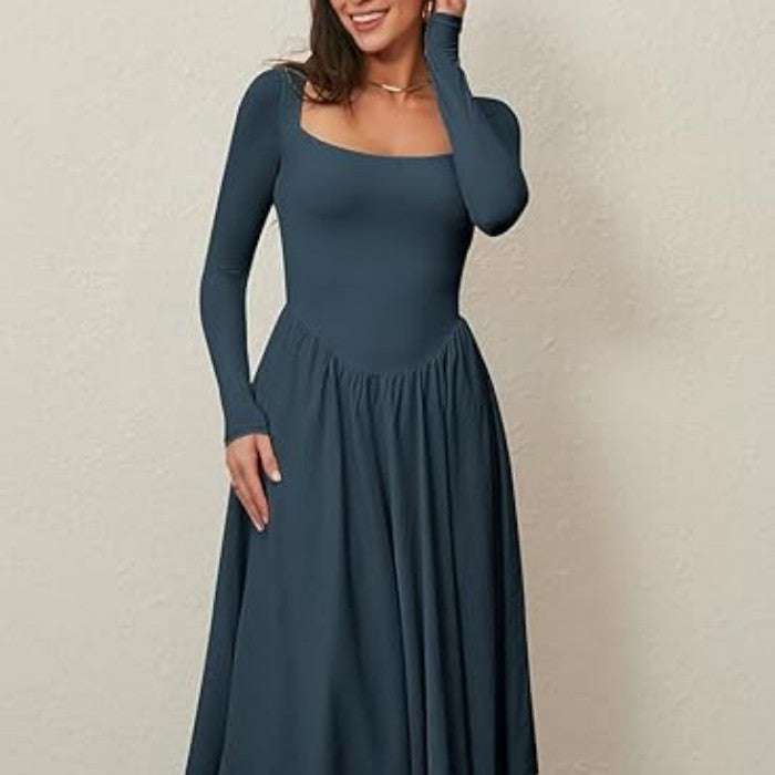 Abito Midi Donna a Linea A con Girocollo e Maniche Lunghe – Tinta Unita