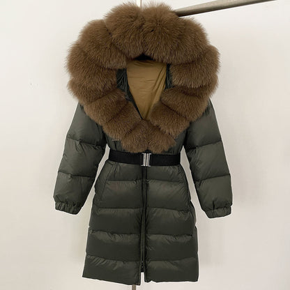 Women's Winter Coat with Long Hood and Removable Fur Collar