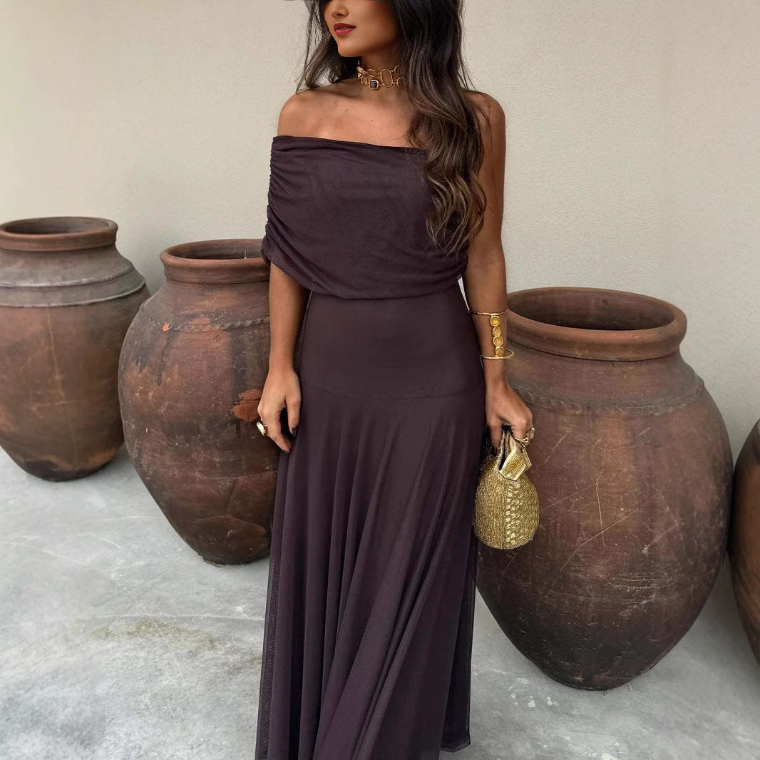 Women’s Long Strapless Dress with Mesh Panels and Full Skirt