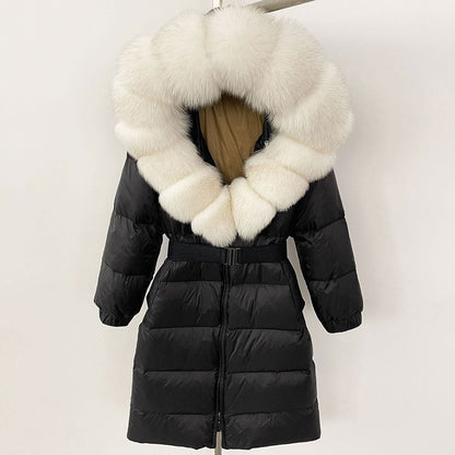 Women's Winter Coat with Long Hood and Removable Fur Collar