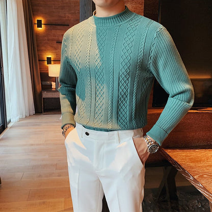 Jersey de otoño para hombre con cuello alto medio, ajuste slim, tejido grueso