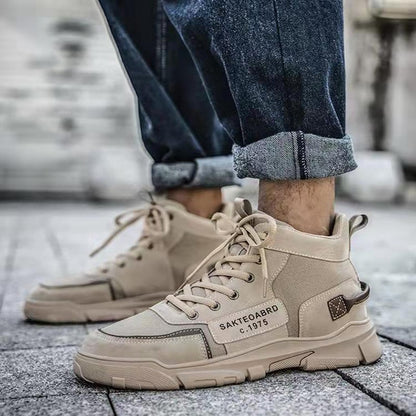 Botines de hombre hasta el tobillo con cordones, empeine de tela y tacón de cuña