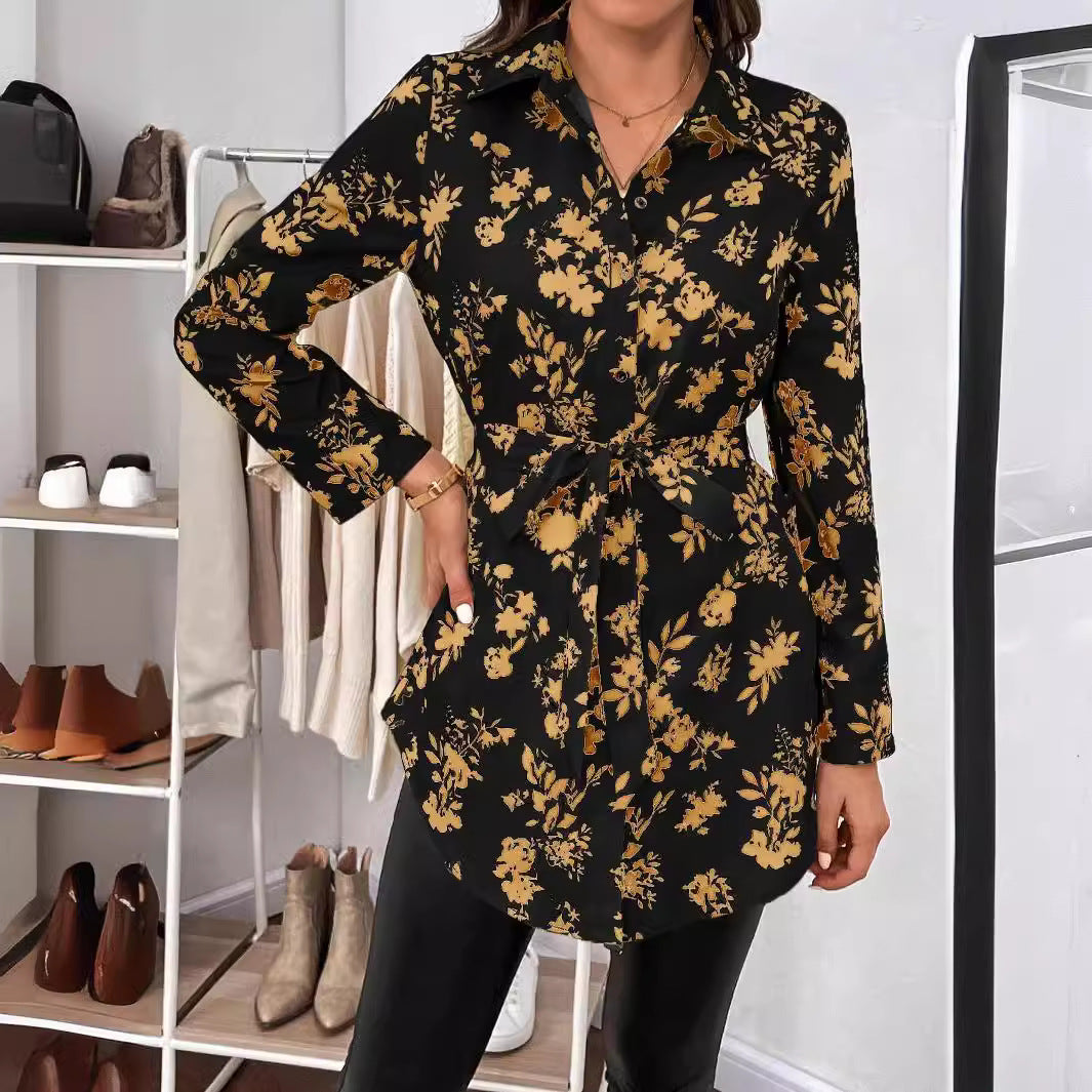 Women's Long Sleeve Spring Shirt with Floral Print, Belt, and Medium Length