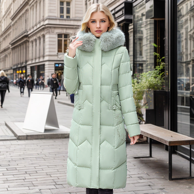 Women's Long Winter Coat with Fur Collar and Padding
