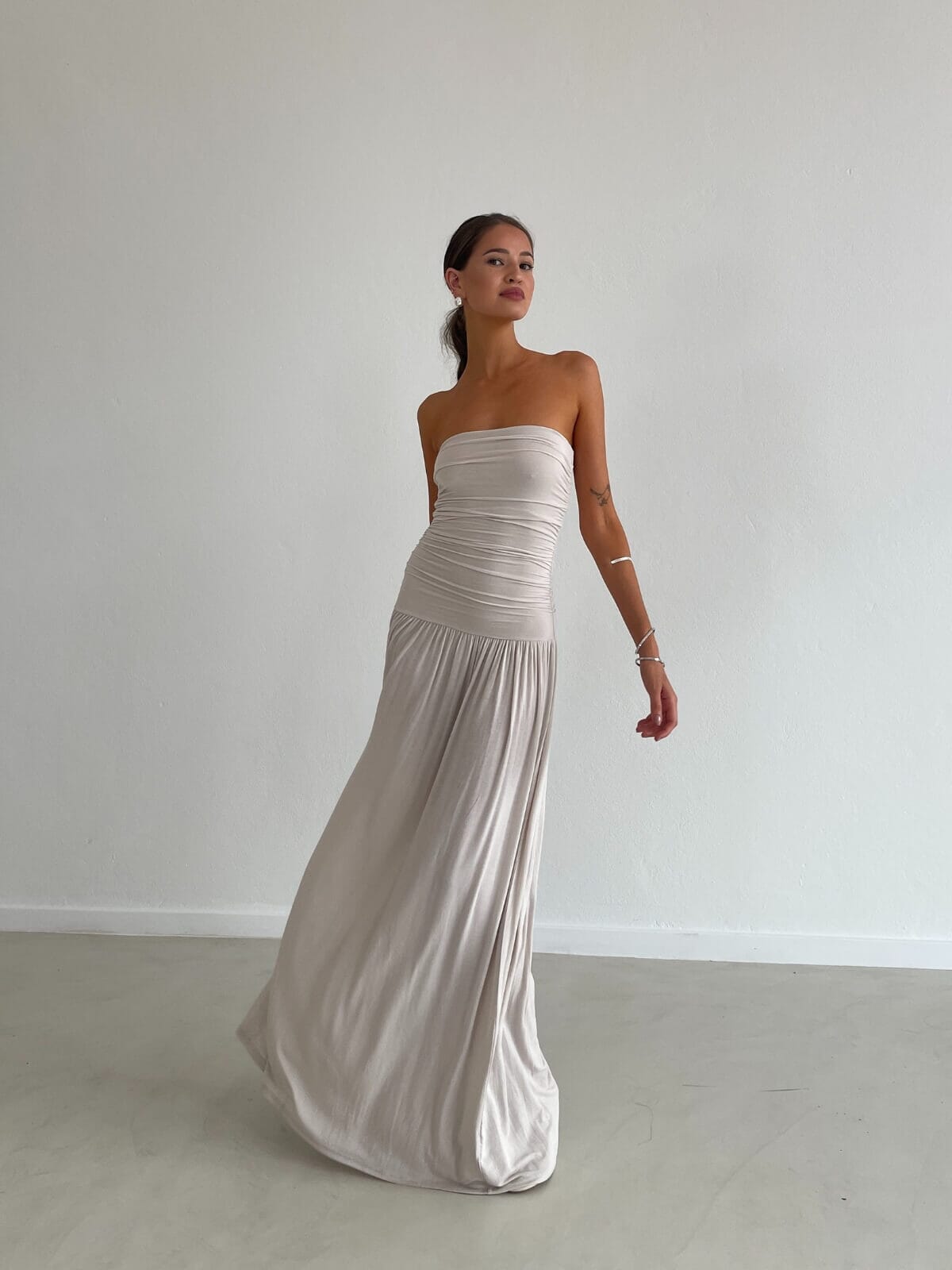 Women's Strapless Evening Dress with Draped Bodice, Floor-Length