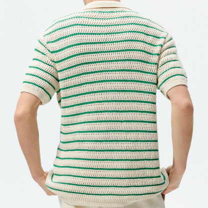 Cárdigan tipo polo de hombre a rayas, con mangas cortas y botones